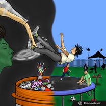 A boy falling onto a trampoline which is split in half, one side with a lady blowing smoke and alcohol being poured over him. The other half is kids playing outside at a birthday party. 