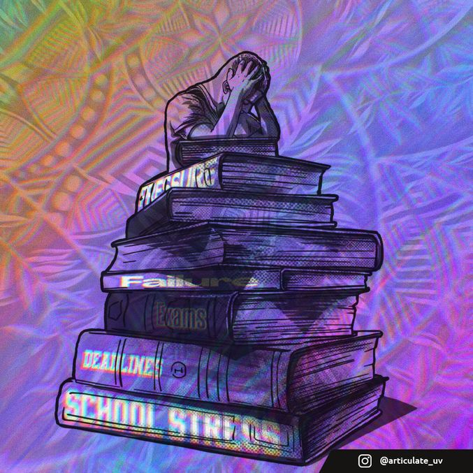 A stressed-out person leaning on top of a bunch of books with a colourful filter overlayed with different Pacific patterns.