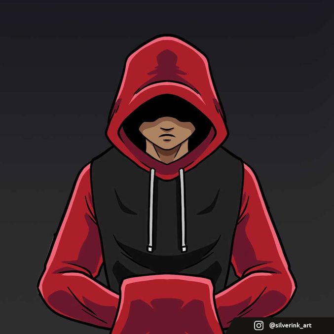 A person wearing a red and black hoodie, looking down, covering the top half of their face in the dark.