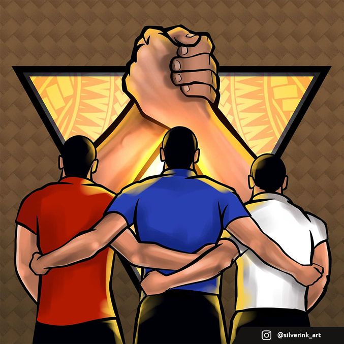 Three guys are huddling in front of a triangle with golden Pacific patterns. In the middle of the triangle are two hands shaking. 