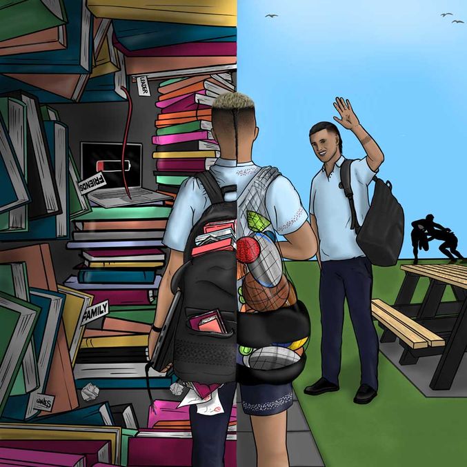 A boy is split in half; one half is at school with a heavy backpack full of books, and the other half is at the rugby field with a heavy bag full of rugby gear. 