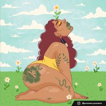 A woman with a tāmoko, big brown curly hair, tattoos, and a hole on her head with a flower in it is looking up towards the clouds in a paddock of flowers. 